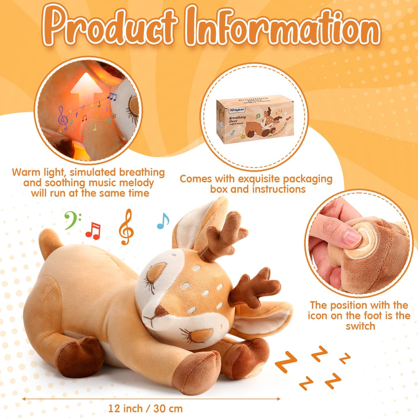 HyDren Deer Breathing Stuffed Animal Soft Soothing Stuffed Animal Deer Plush Anxiety Plush Toys with Music Lights and Realistic Breathing Motion for mature-themed Kids Anxiety Relief Relaxation Sleep Calming