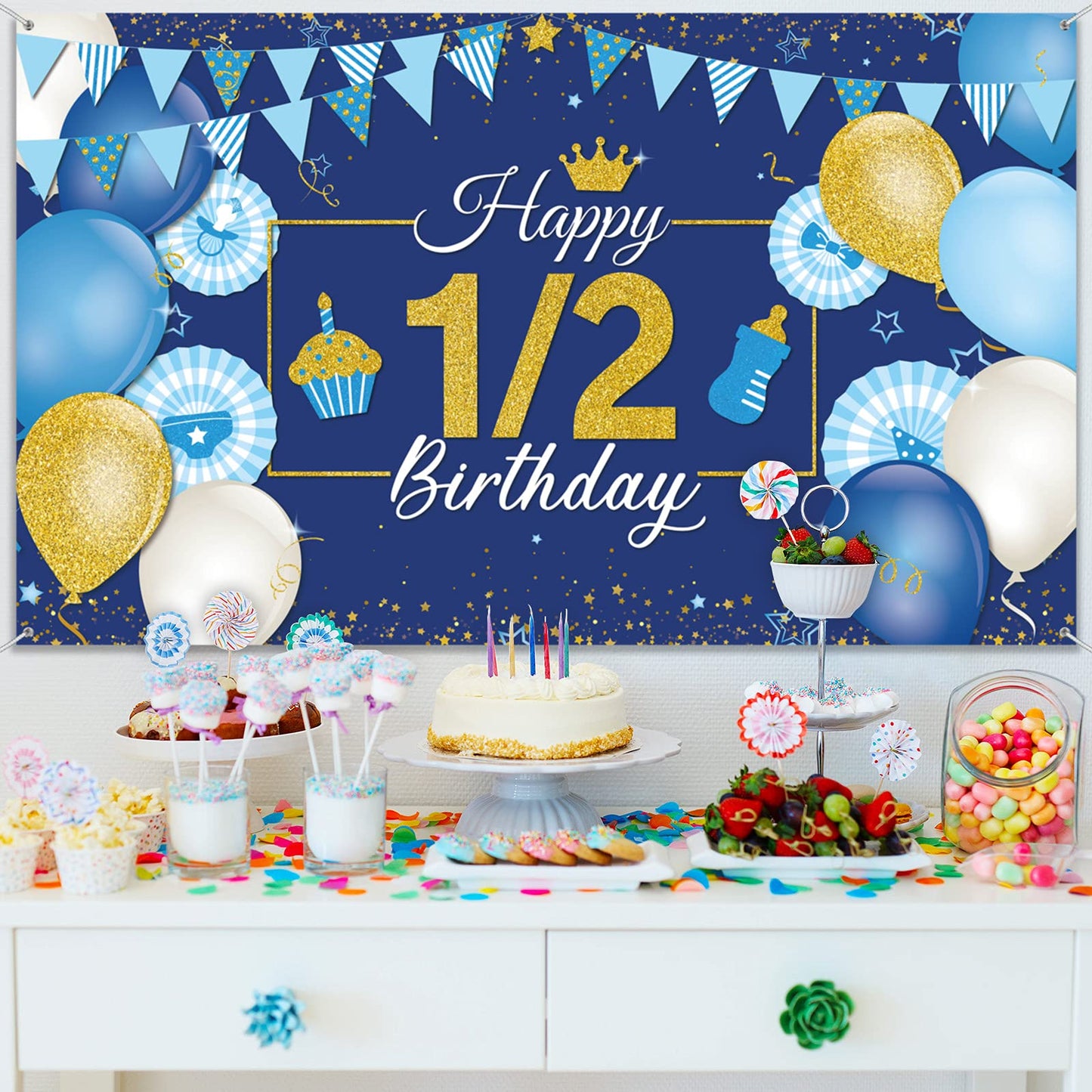 1/2 Birthday Decoration Backdrop Blue and Gold Half Birthday Banner 6 Months Happy Birthday Background Half Birthday Party Suppl