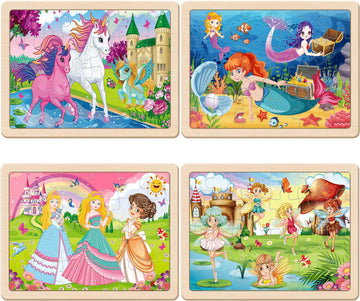 Wooden Puzzles For Kids Ages 4-6, 4 Packs 24 Pcs Unicorn Mermaid Princess Fairy Jigsaw Puzzles, Preschool Educational Brain Teas