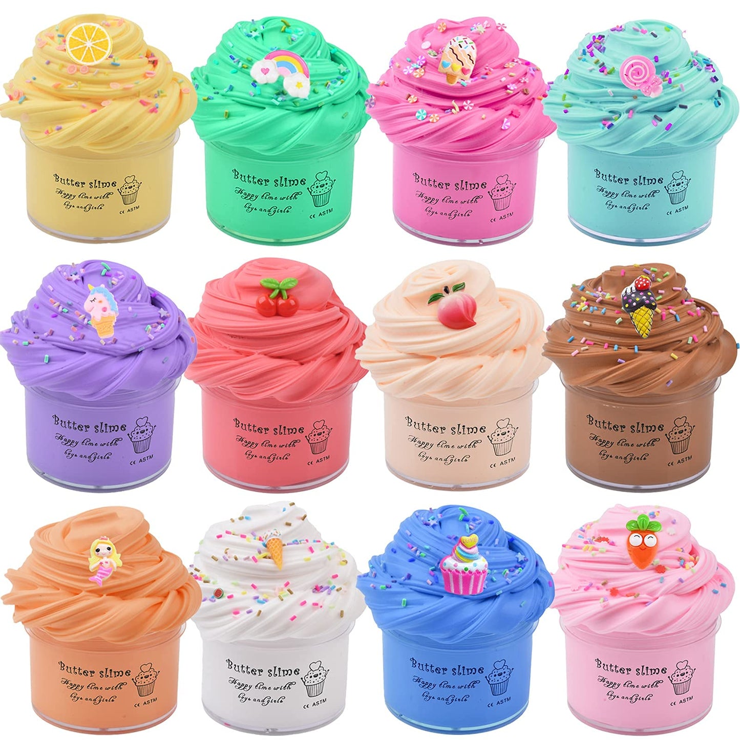 12 Pack Butter Slime Kit  with Unicorn  Fruit  Ice Cream Mini Scented Slime Charms Suppulies  Party Favors Stress Relief Toy for Girls Boys  Non-Sticky & Super Stretchy