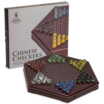 Yellow Mountain Imports Wooden Chinese Checkers Halma Board Game Set (12-Inch) with Storage Drawer and 60 Colored Glass Marbles 