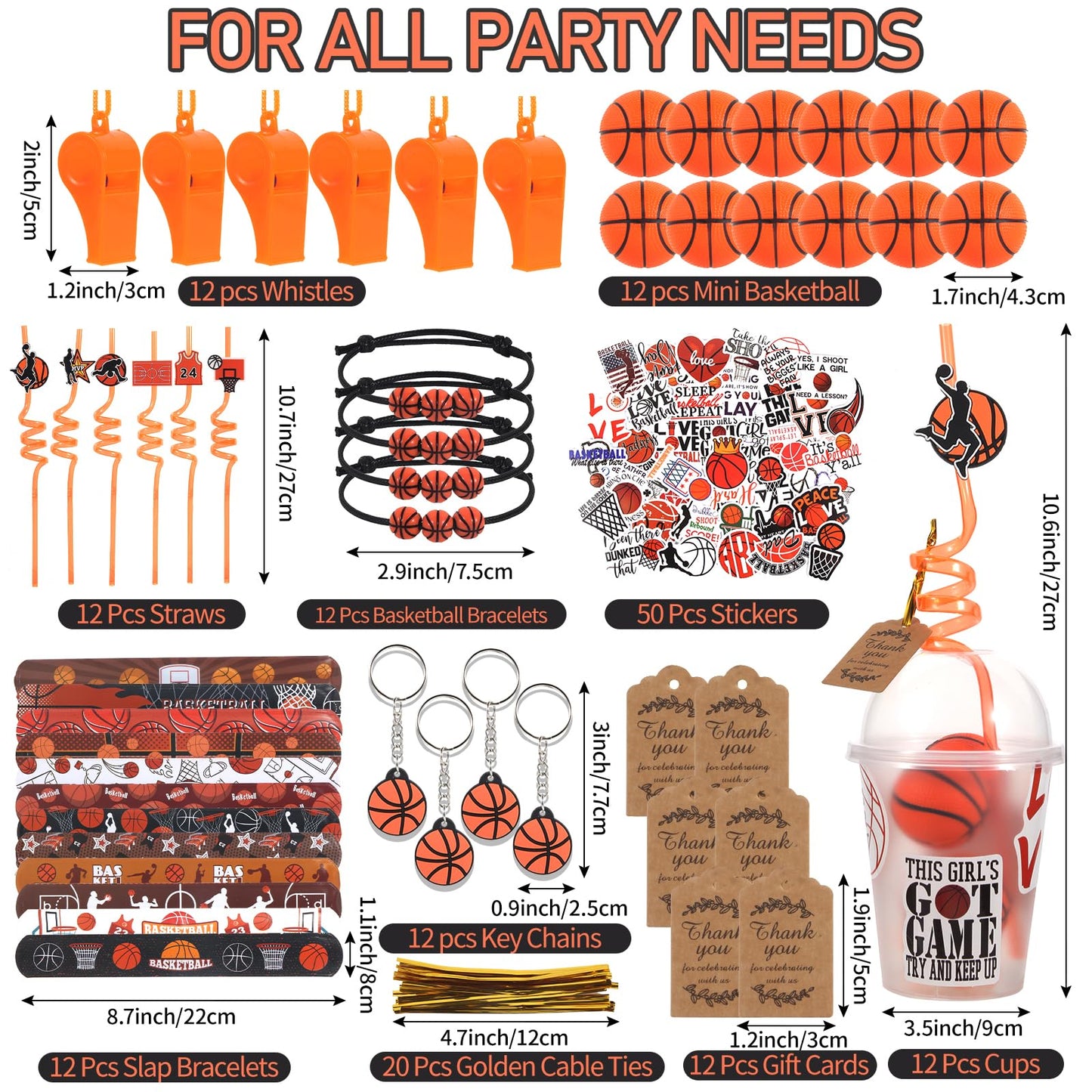 LiYiQ 158 Pcs Basketball Party Favors Basketball Party Supplies with Cup Straw Stress Ball Keychain Sticker Slaps Bracelets Whis