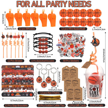 LiYiQ 158 Pcs Basketball Party Favors Basketball Party Supplies with Cup Straw Stress Ball Keychain Sticker Slaps Bracelets Whis