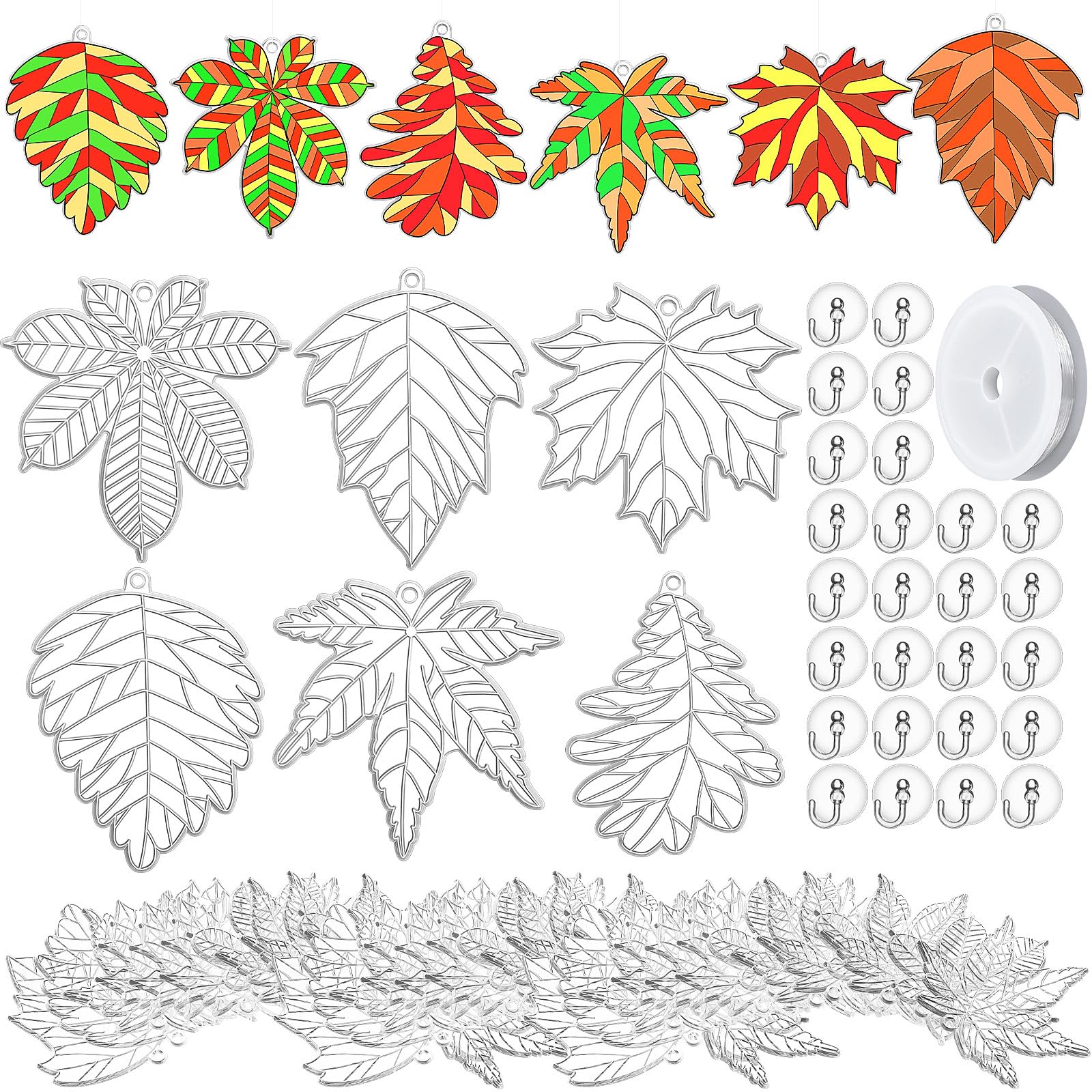 RoundFunny 60 Sets Fall Leaf Suncatchers Autumn Ornaments Decorations DIY Window Paint Art Suncatchers Autumn Maple Leaf Craft K