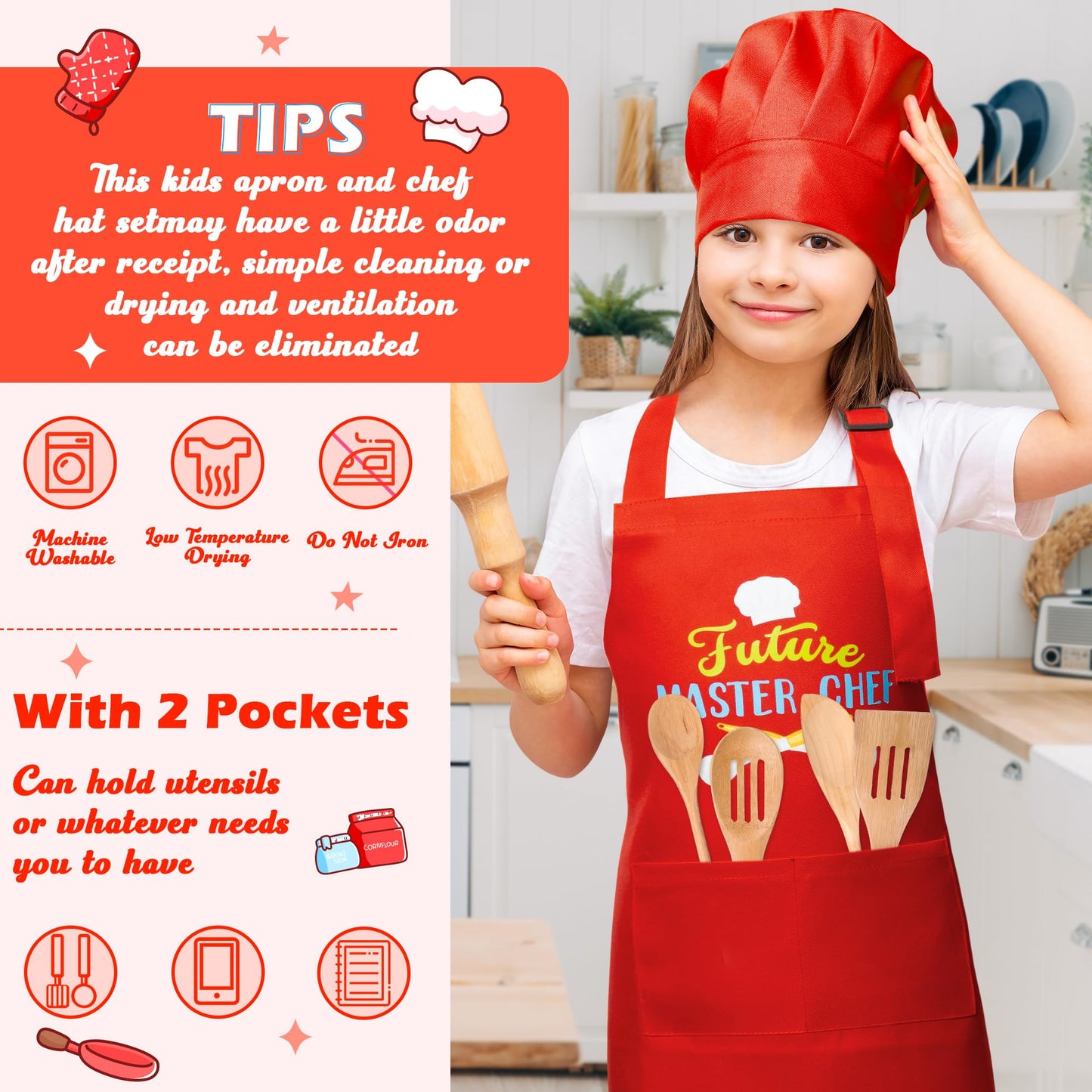 R HORSE 2Pcs Kid Apron and Chef Hat Set Adjustable Children Red Kitchen Apron Cooking Baking Painting and Training Kits Dress up