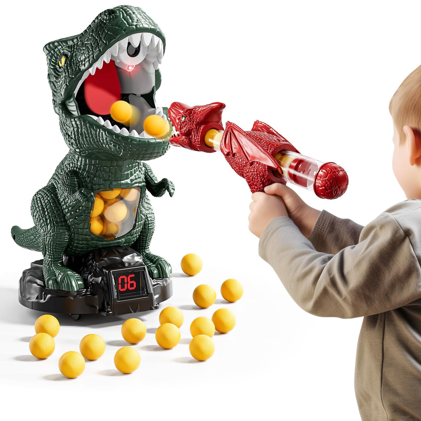 JUKUDAHU Dinosaur Shooting Boy Toys for Kids Age 3 4 5 6 7 8 - Moveable Shooting Game with Scoreboard, Light & Sound, 12 Foam Ba