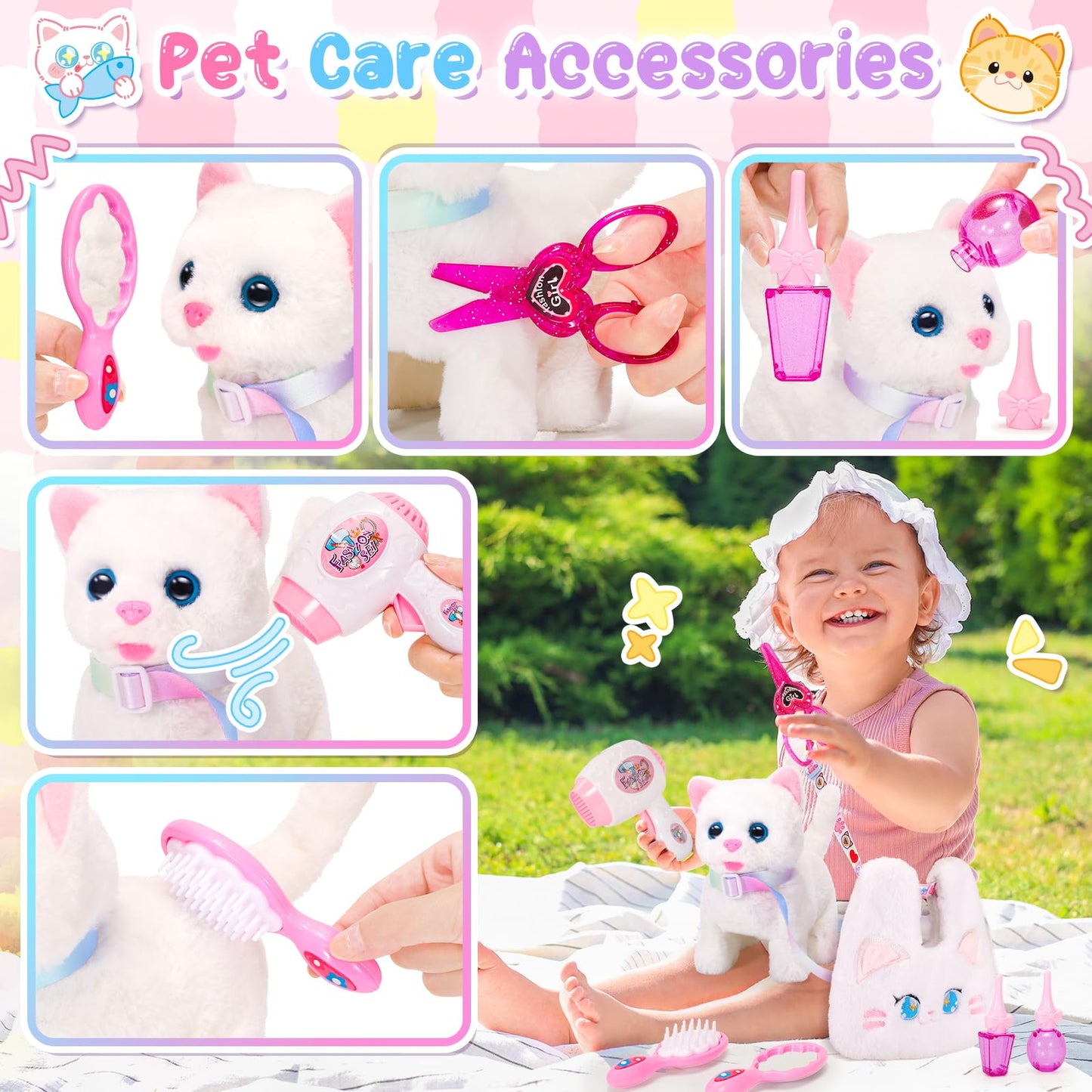 Ninaor Interactive Cat Toys For Kids With Crossbody Bags, Stuffed Cat Plush With Leash Walking Meow Pretend Play Kitty Robot Pet