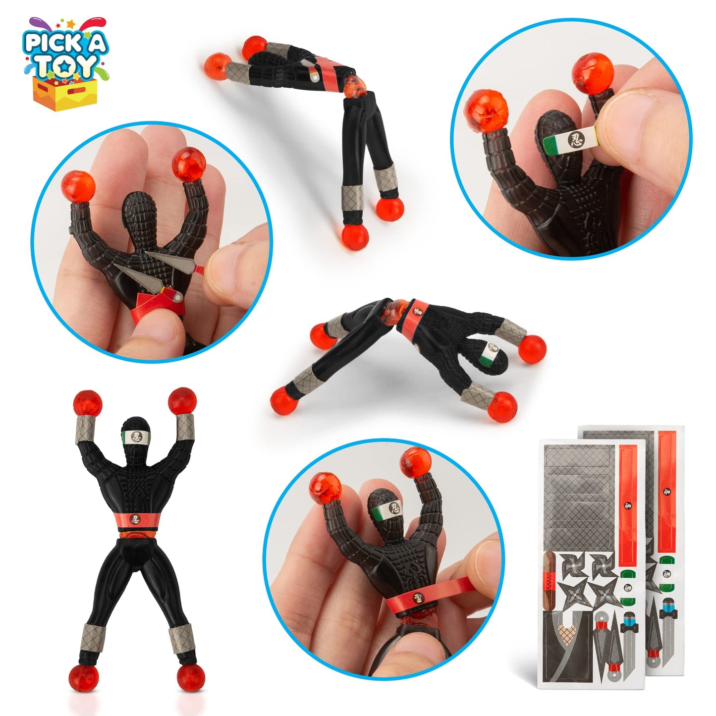 PICK A TOY 24 Sticky Wall Climbing Black Ninjas – Plastic DIY Costume Stickers for Kids' Parties, Easter, Birthdays