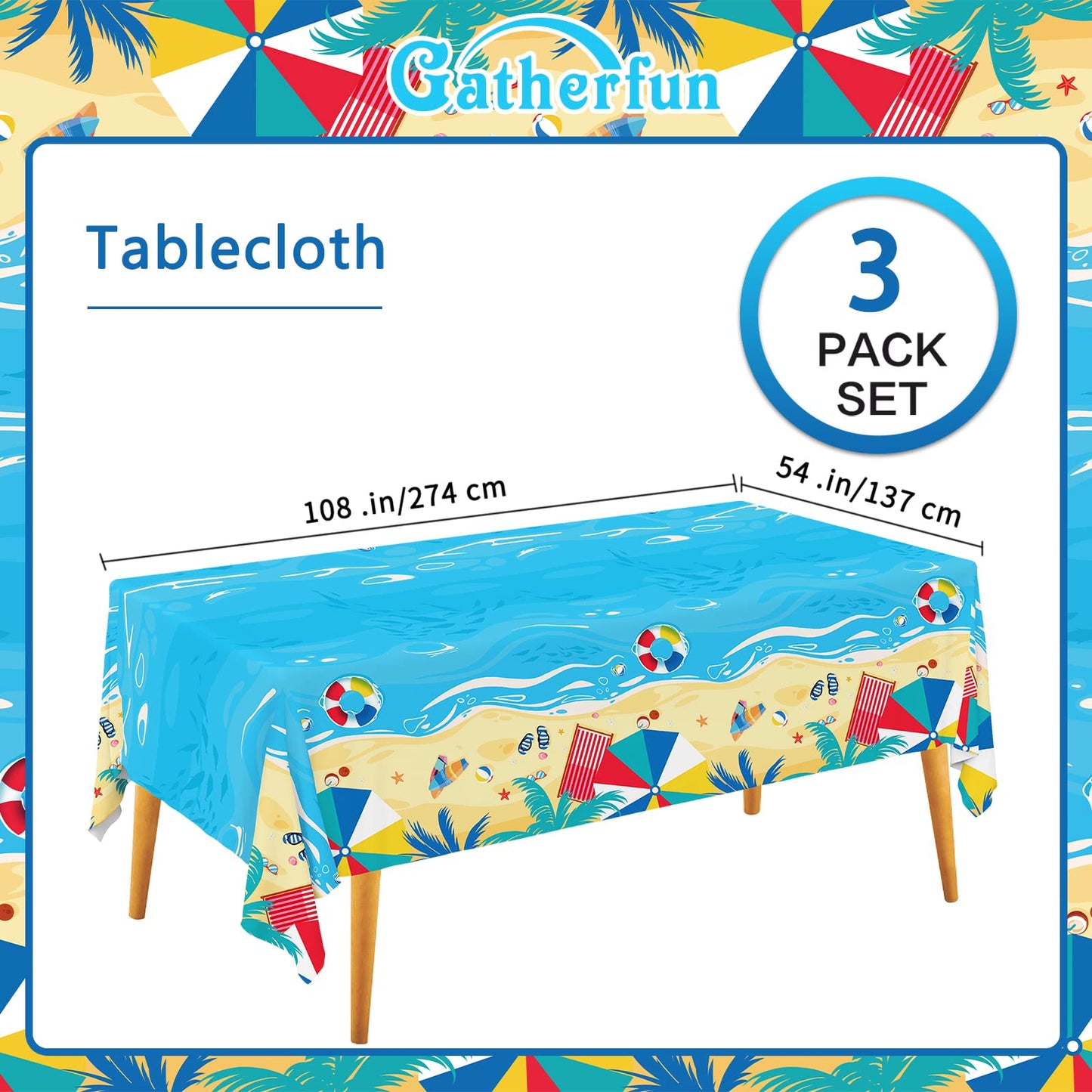 Beach Theme Party Supplies Summer Pool Disposable Tablecloth Plastic Waterproof Table Cover for Hawaiian Party Birthday Decorati
