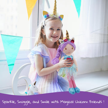 June Garden 16'' Unicorn Doll Anya - Pink Hair Plush Rag Doll for Toddler Girls - Soft Companion Gift for 2+ Years - Pink Dress