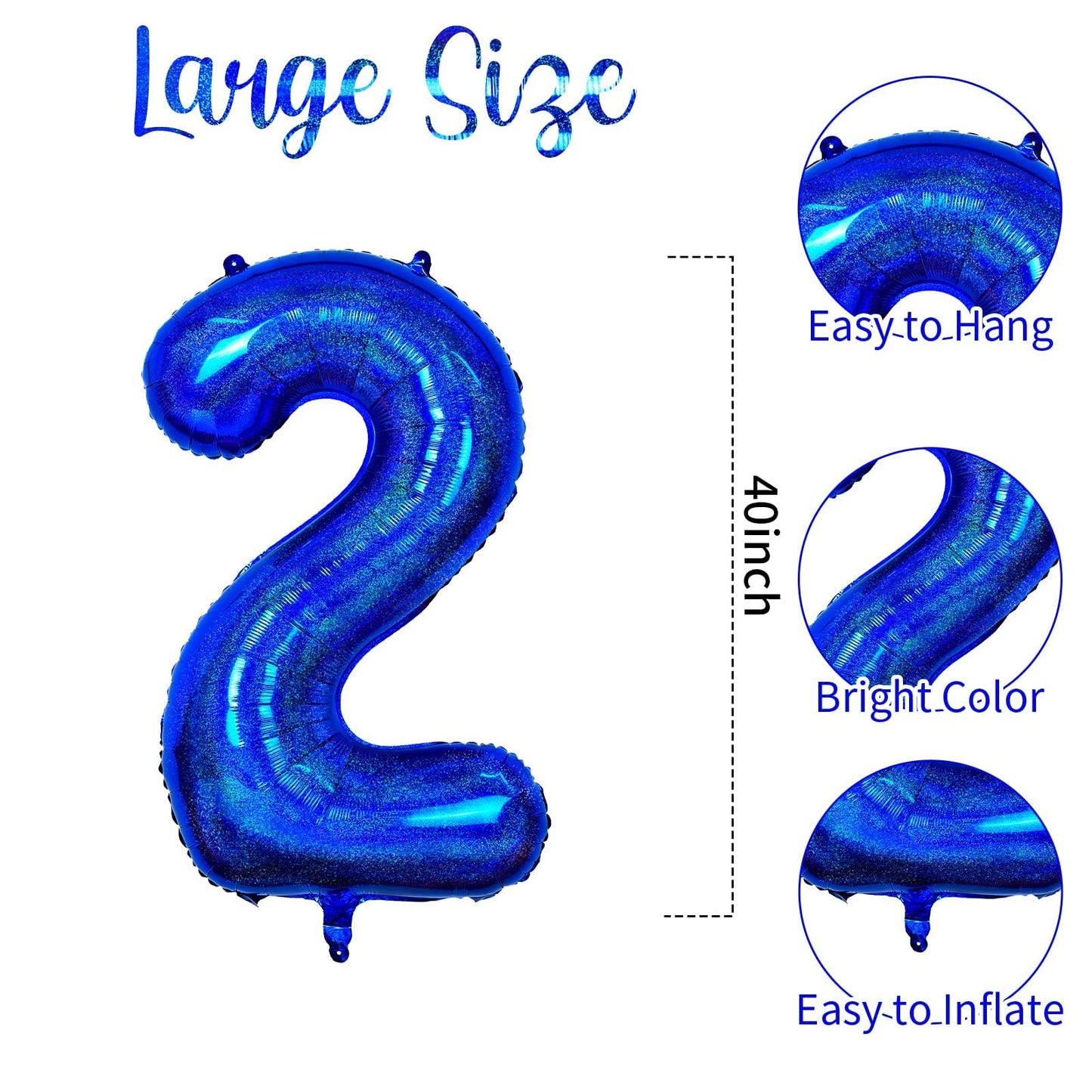Number 2 Balloon 40 Inch, Dark Blue Big Number Balloon, Giant Foil 2 Balloons Number, Helium 2Nd Birthday Balloons For Kids Boys