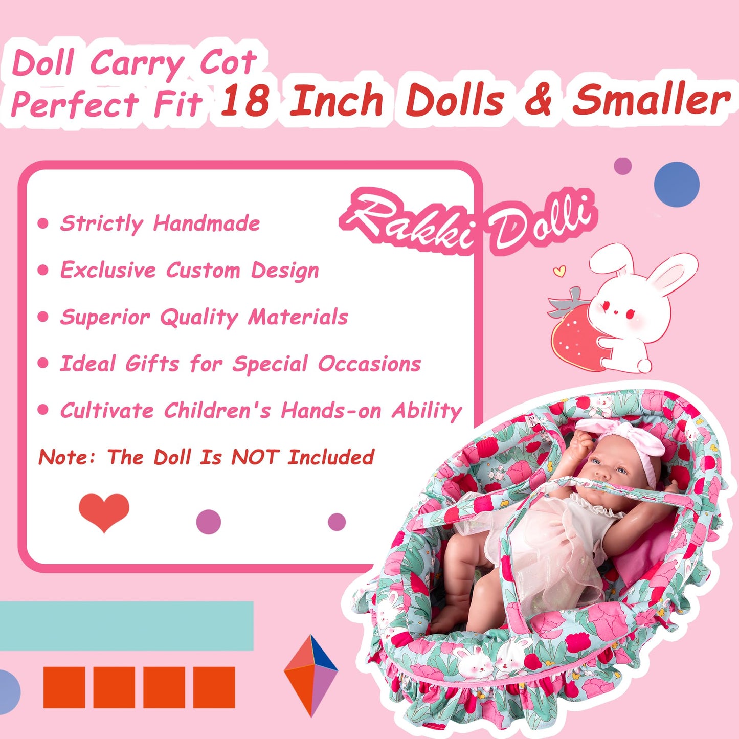 Rakki Dolli Doll Carry Cot Set, Soft Doll Carrier Basket Bassinet Includes 1 Cot And 1 Pillow, Rose Rabbit Doll Bassinet, Fits F