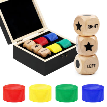 Fun Left Right Roll Dice Game Set  Include 3 1-inch Wooden Dices and 48 Pcs Chips in Black Wooden Box  Easy to Store and Carry Around for Travel