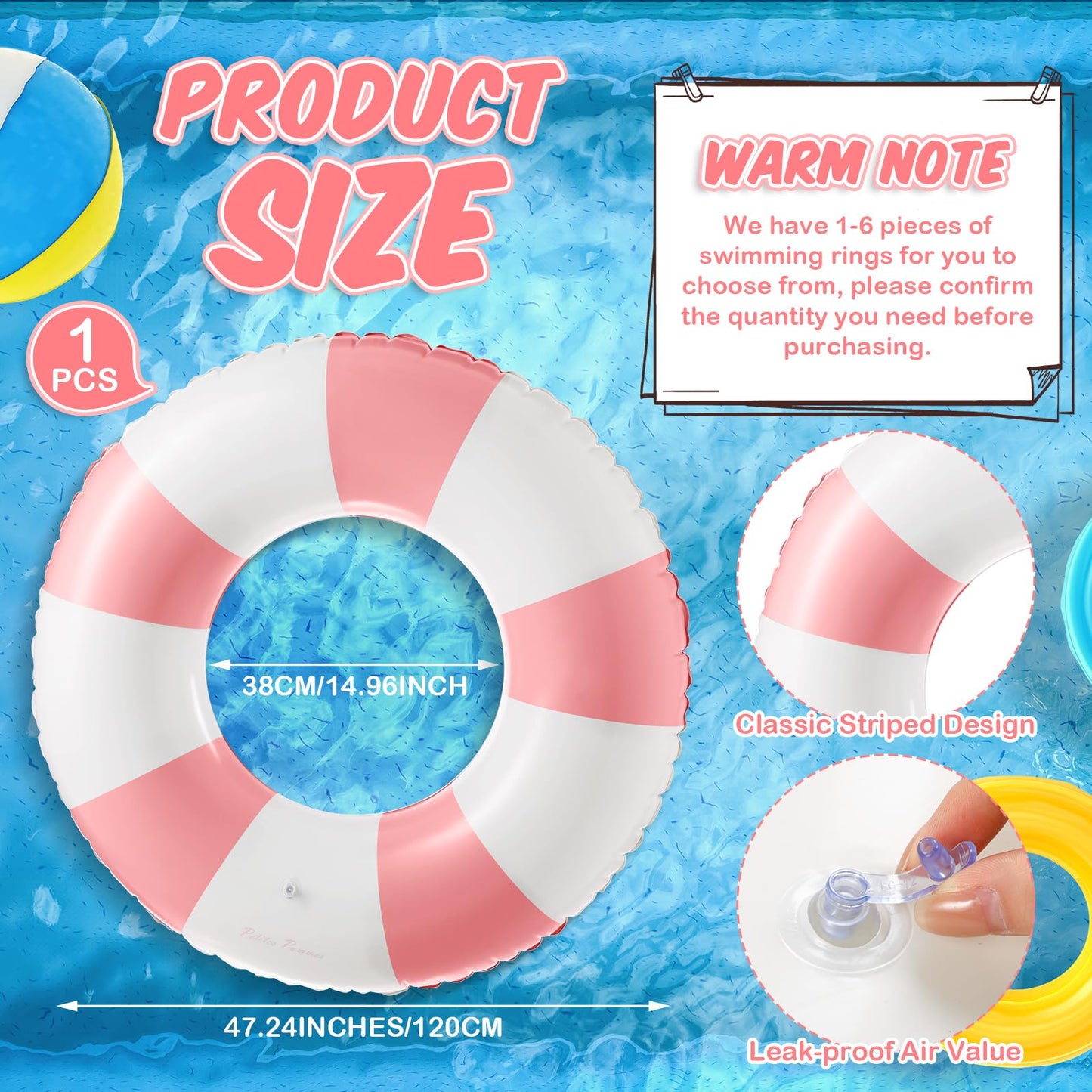 Arrowbash 3 Pcs 2 Pcs Jumbo Inflatable Pool Float 47.24 Inch Floaties Tubes Classic Striped Pool Rings for mature-themed Inflatable Inner Tube for Swimming Beach