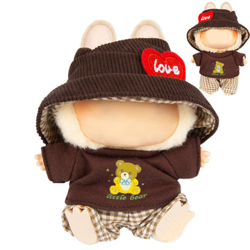 3-Piece Doll Clothes for 17cm Doll - Stylish Fisherman Hat Set  Kawaii Doll Outfits with Accessories for Collectors or Display - Coffee Bear (No Doll)