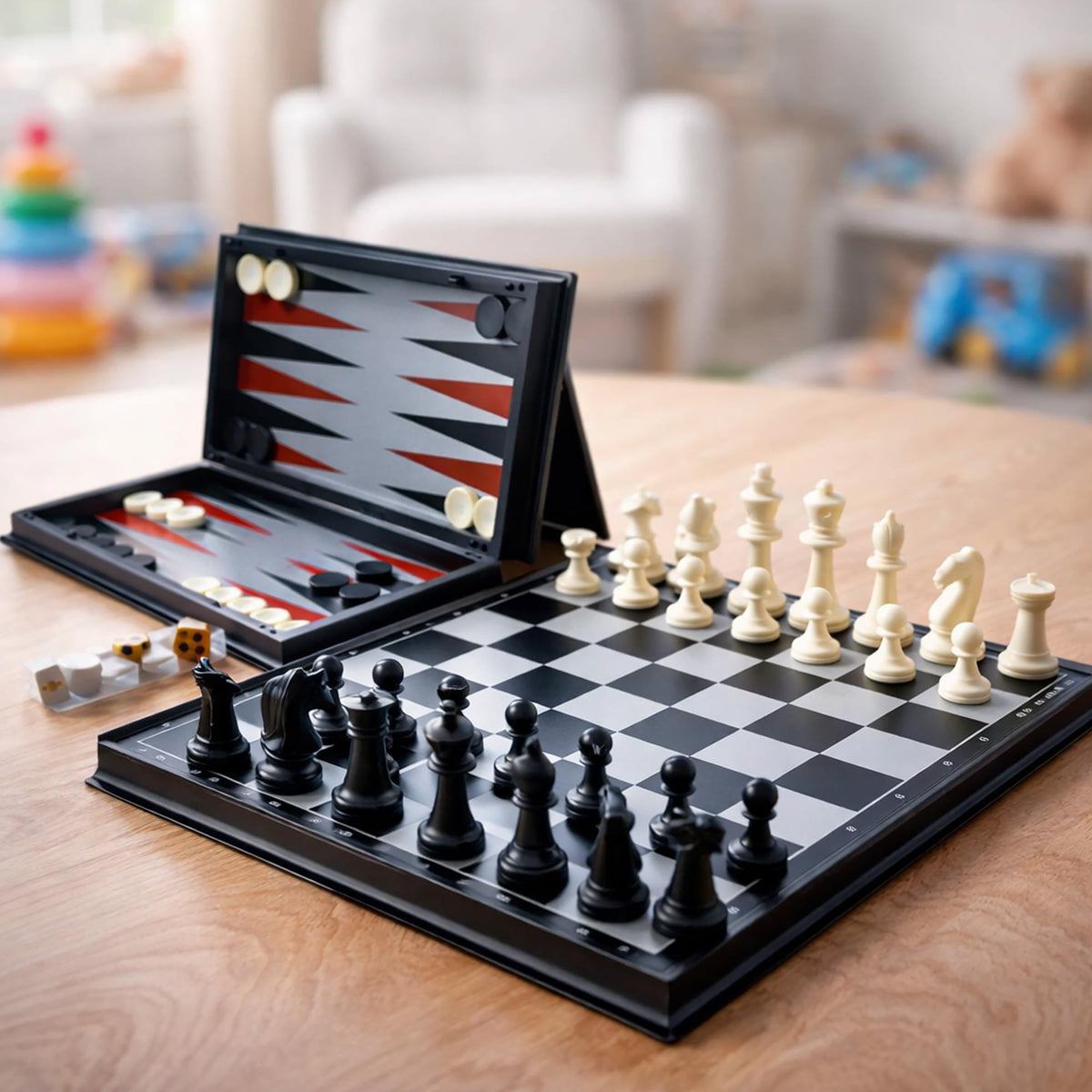 Toyshine 25cm Magnetic 3in1 Folding Board Game Set  Chess | Checkers & Backgammon | Compact TravelFriendly Educational Strat