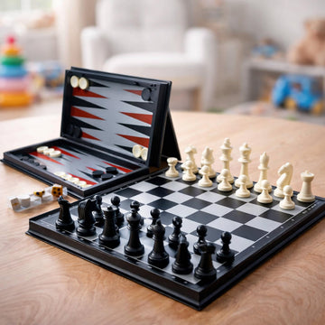 Toyshine 25cm Magnetic 3in1 Folding Board Game Set  Chess | Checkers & Backgammon | Compact TravelFriendly Educational Strat