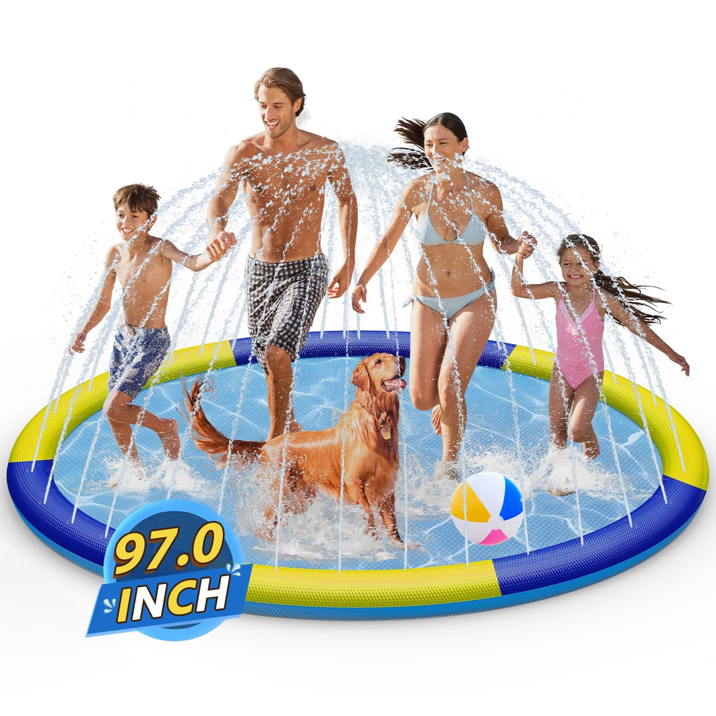 Splash Pad Sprinkler for Kids, 97'' Extra Large Non-Slip Baby Play Mat - 3 Colors, Dog Pool Toys, Toddler Outdoor Toys for Ages