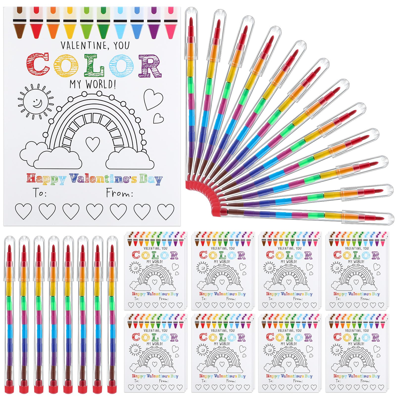 Weekgrat 24 Pcs Valentines Day Kids Gift Sets DIY Valentines Coloring Greeting Card 10 Color Stackable Crayon Valentines School