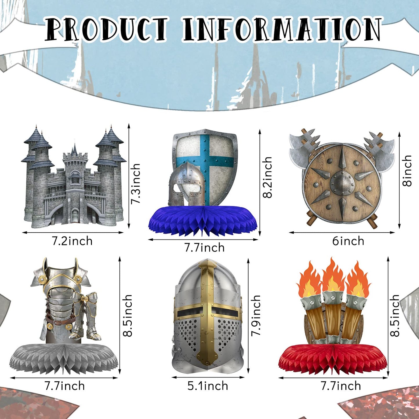 Gersoniel 10 Pcs Medieval Knight Birthday Party Decorations Castle Honeycomb Centerpiece Knight Action Figures Table Topper for