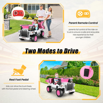 Hikole Kids Ride On Dump Truck With Remote Control, 4Wd Dump Truck With 12V 7Ah Battery, Electric Dump Bed,Shovel, Bluetooth, Music Player, Electric Cars For Girls, White & Pink