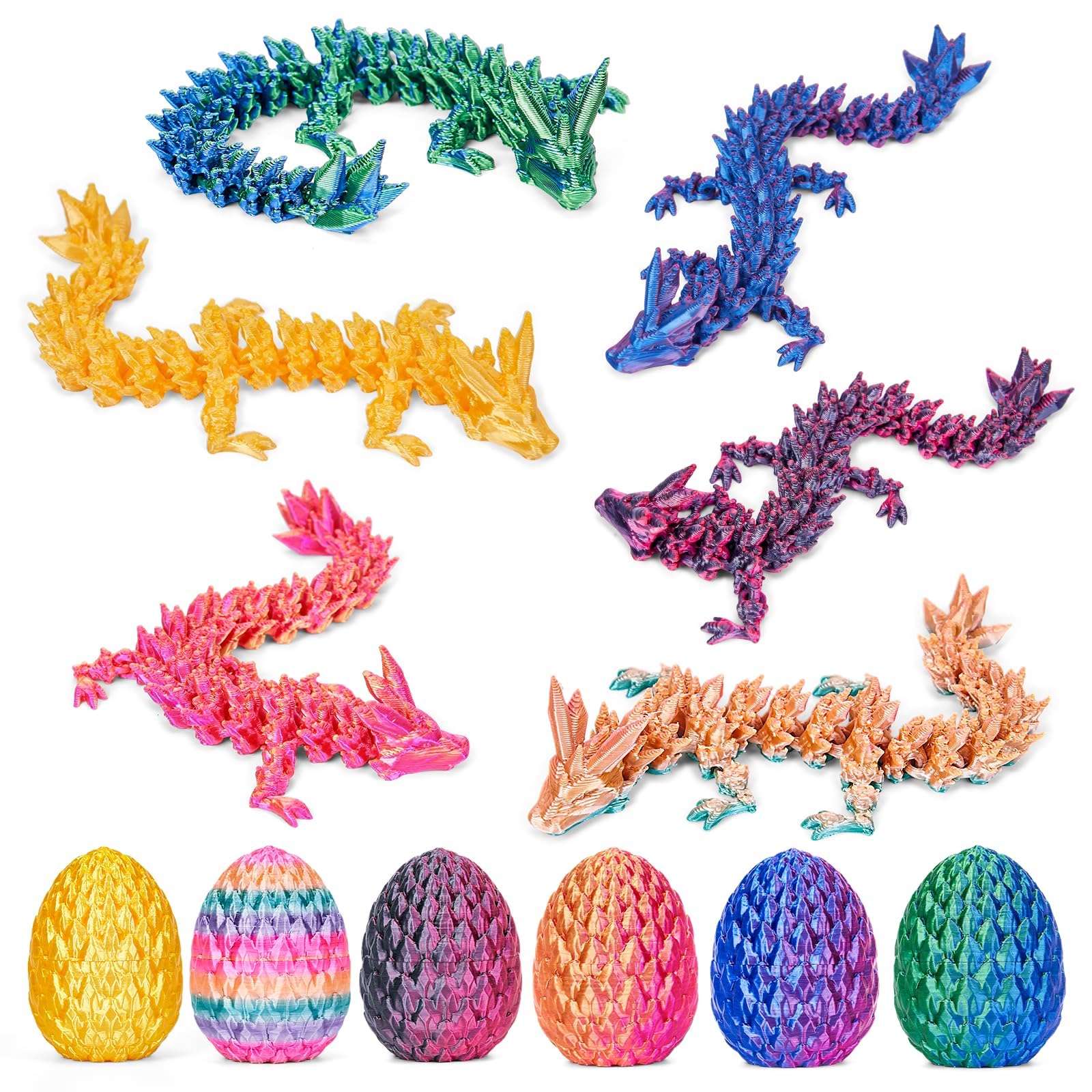 SHUWND 6PCS 3D Printed Dragon Eggs with Dragon Inside,Mini Easter Eggs Articulated Crystal Fidget Toys,Easter Basket Stuffers,My