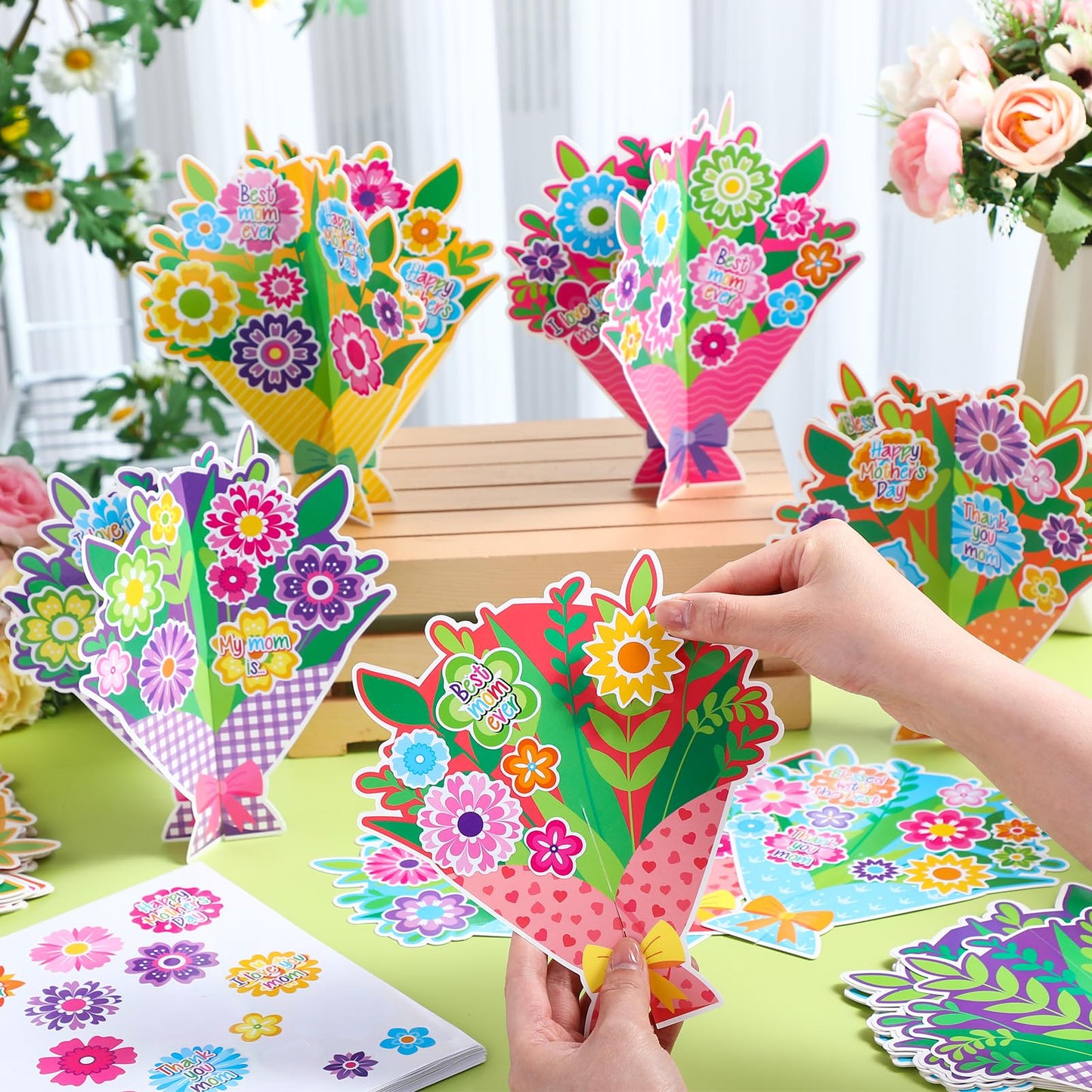 Fullhawl 24 Sets Mothers Day DIY Craft Kits Make Your Own 3D Flower Bouquet Best Mom Flowers Stickers for Happy Mothers Day Bi