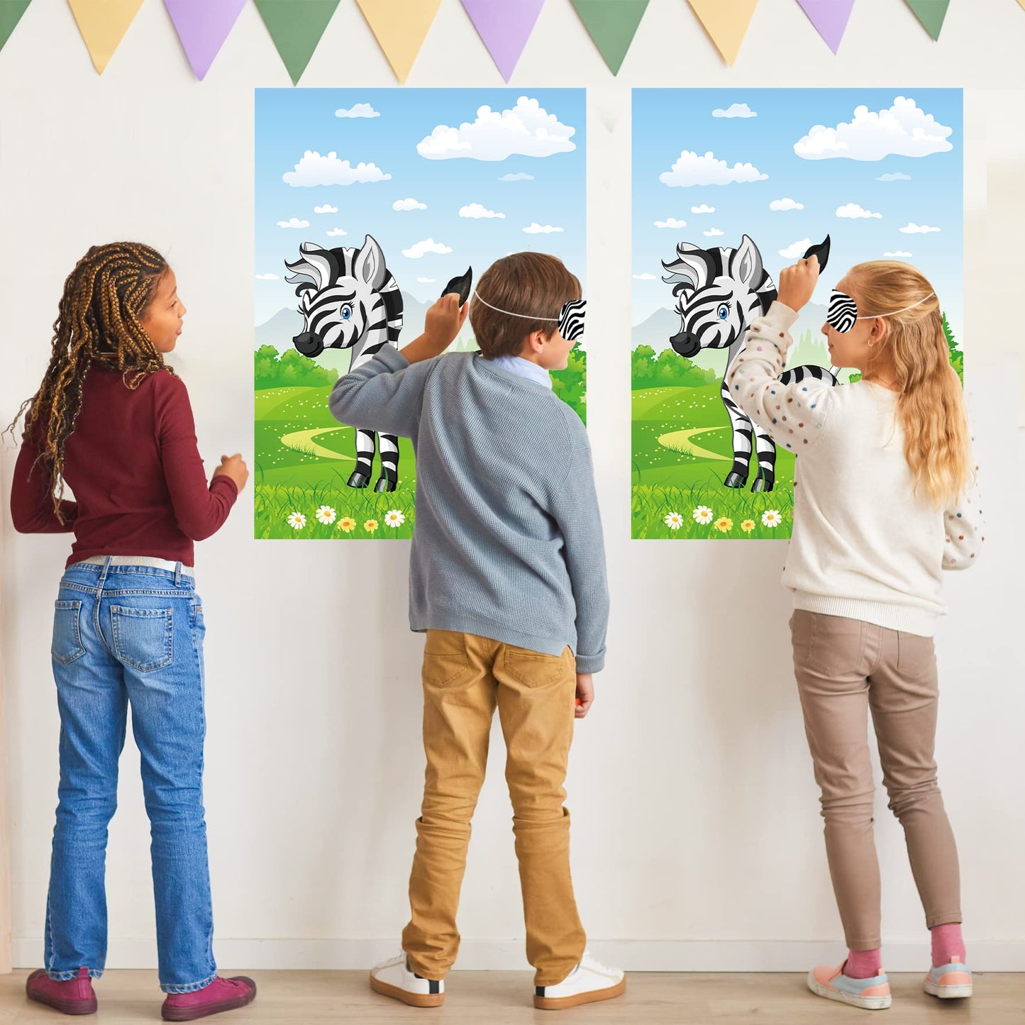 Astaron 2 Sets Safari Theme Party Game Pin The Tail On The Zebra, Jungle Animal Party Game Wild One Birthday Decorations With 48Pcs Tail Stickers For Kids Birthday Party Supplies