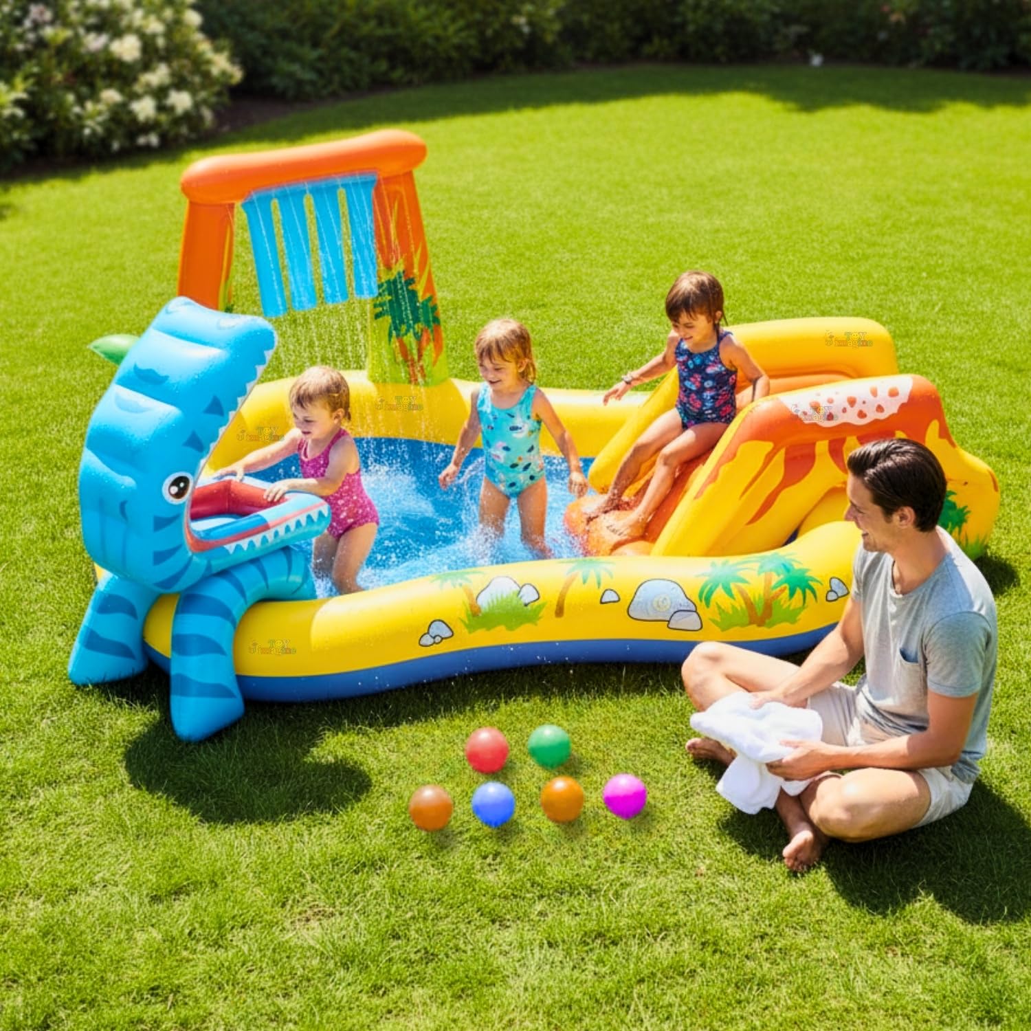 Toy Imagine 8.2Ft Dinosaur Inflatable Play Center Pool With Slide Water Spray And 6 Balls Kids Outdoor Garden Swimming Pool Mult