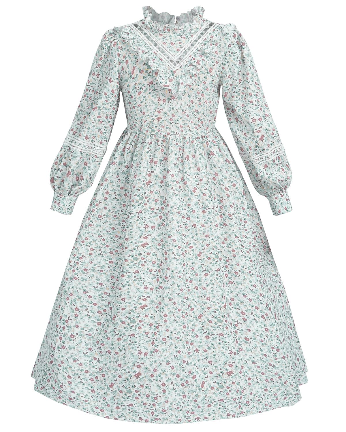 FCCAM Prairie Colonial Dress Girls Long Sleeve Pioneer Dress Costume Floral Pioneer Girl Laura Ingalls Wilder Green S