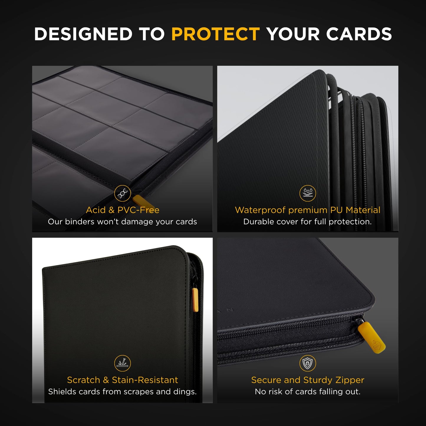 Card Guardian - 9 Pocket Premium Black Card Binder With Zipper For 360 Cards - Trading Card Binder With Side Loading Pockets For