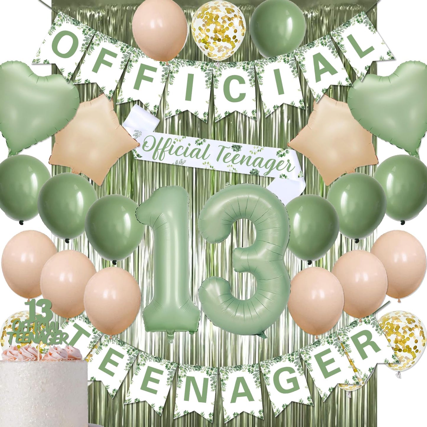 Sage Green 13th Birthday Decorations Kit - Official Teenager Banner, Cake Topper, Green Balloons, Party Supplies for 13 Years Ol