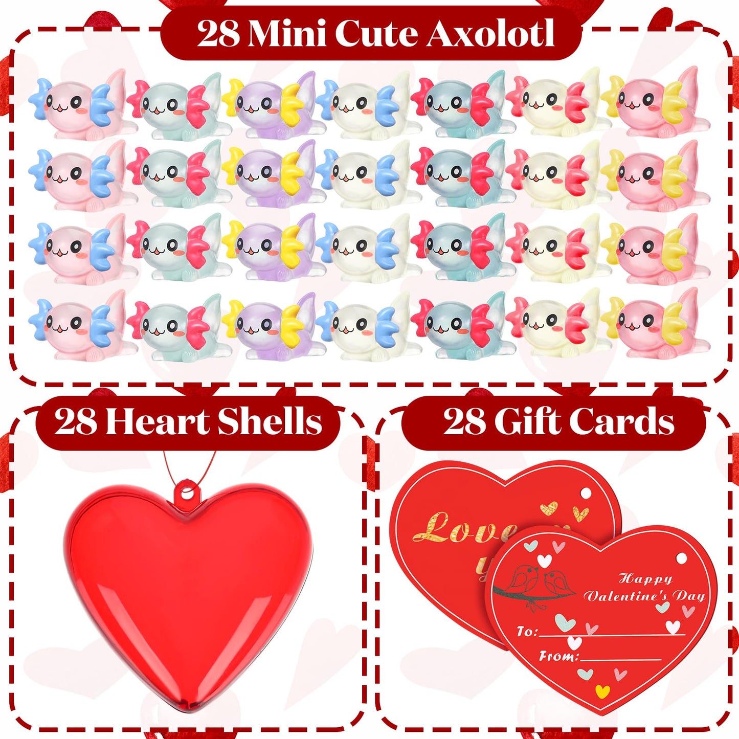 Syhood 28 Pcs Valentines Party Favors Set Toys Luminous Axolotl Filled Hearts Kawaii Animal Resin Axolotl Toy for Valentines Da