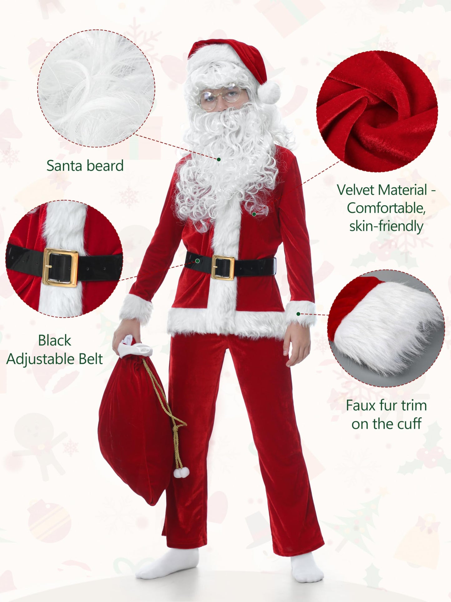 Fancyfun Santa Claus Costume For Kids, 9Pcs Boys Christmas Suit Kids Santa Costume Outfit Velvet For Boys Christmas Cosplay, 3-4