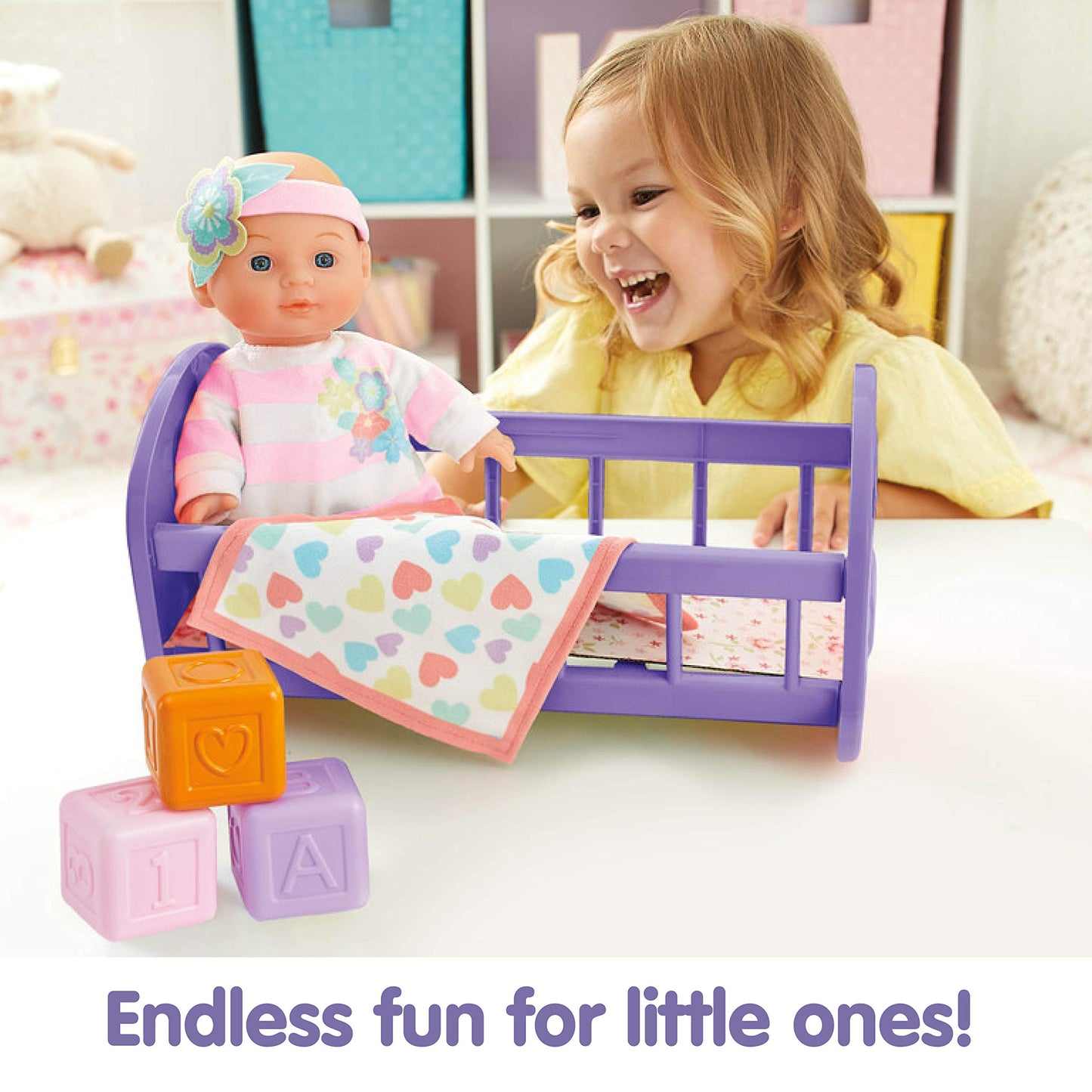 Kidoozie Lullaby Baby Playset - Soft Body Doll & Crib, 11" Multi-Color, G02595, Ages 2+