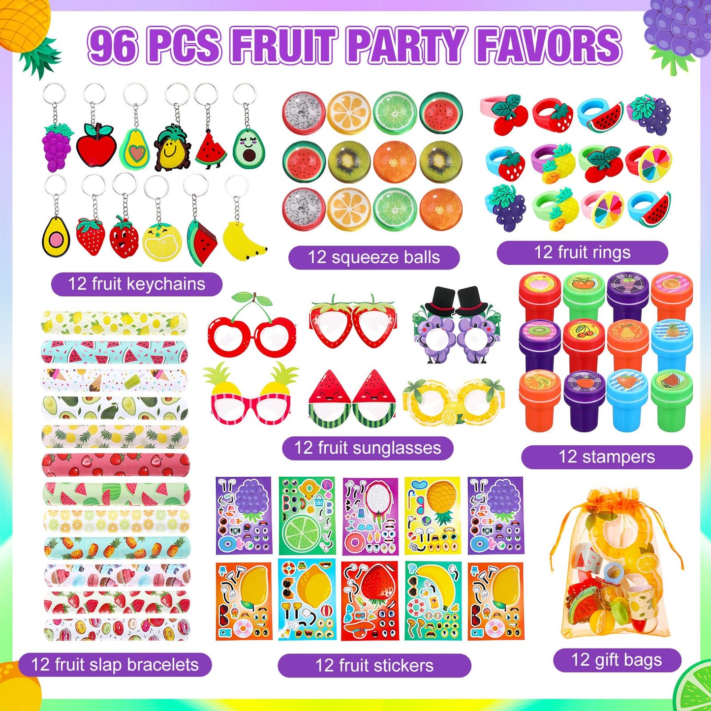 Blosssound 96 Pcs Fruit Party Favors Summer Fruits Theme Birthday Gifts Set Make a Fruit Sticker Stress Ball Slap Bracelet Glass