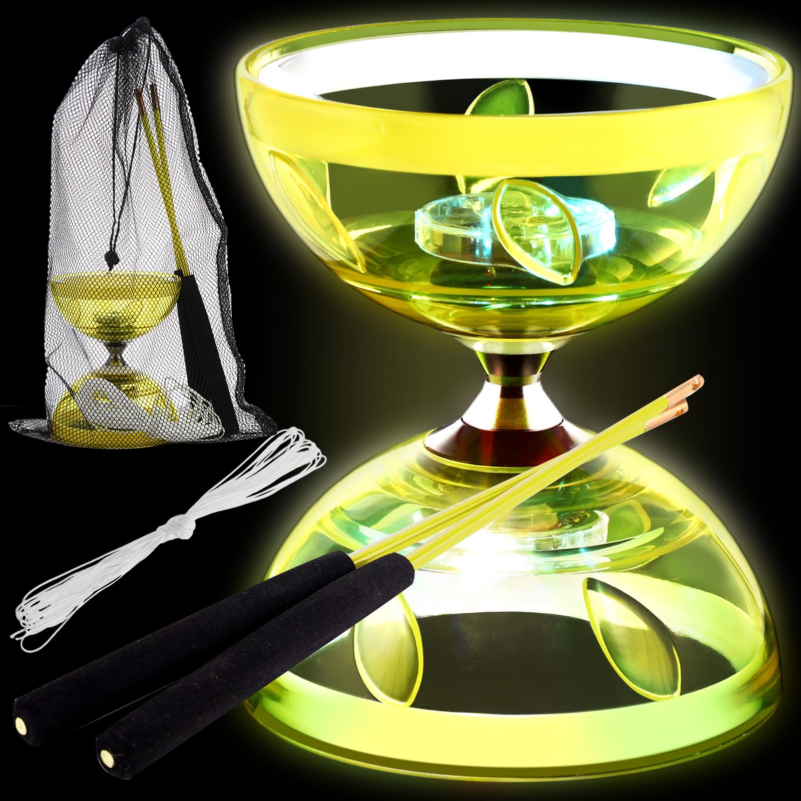 Simgoing Chinese Yoyo Diabolo Set Includes Colorful Led Diabolo Toy Light Up With 2 Pieces Sticks, 1 Piece String, 1 Net Bag For Fun(Yellow)