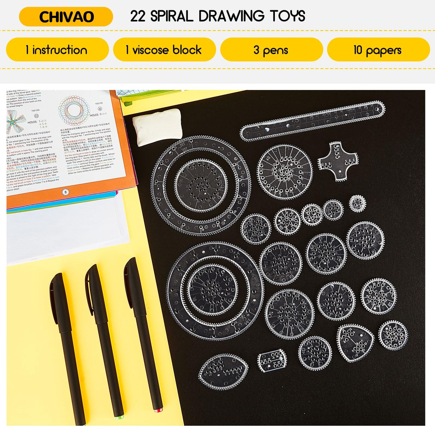 Chivao Spiral Art Geometric Ruler Set - 28 Pcs Plastic Templates in Blue, Clear, Green, Red for DIY Drawing and Crafts