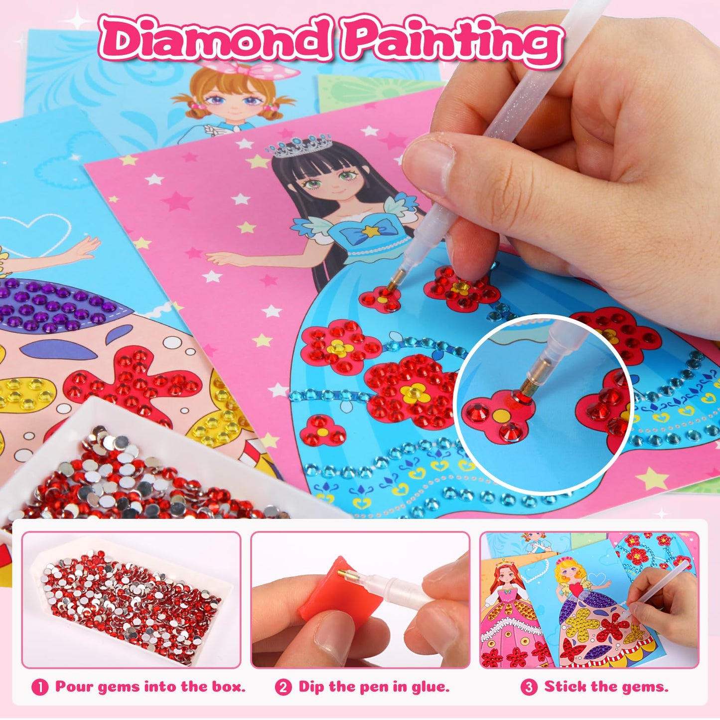 MAIDENG Art Crafts Activity for Kids, 3 in 1 Paper Dolls for Girls Ages 4-7, Princess Paper Makeup Toys & Paper Craft Kit, Diamo