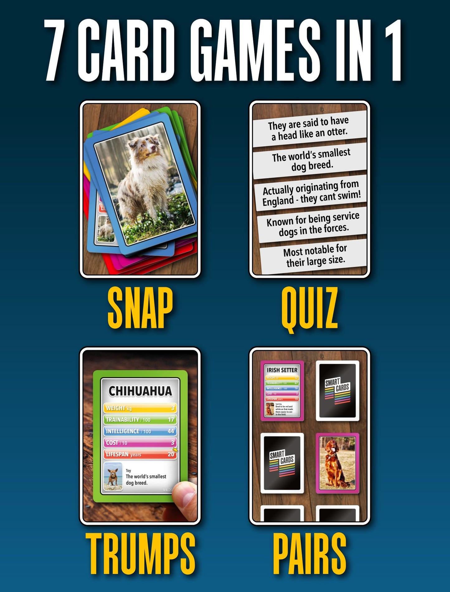 Smart Cards Dogs Card Games - Matching Pairs, Snap, Trumps, Rummy, Happy Families (8 Games To Play) | Age 5+, 1-8 Players | Fun Family Travel Card Games And Gifts For Adults & Kids, Boys & Girls