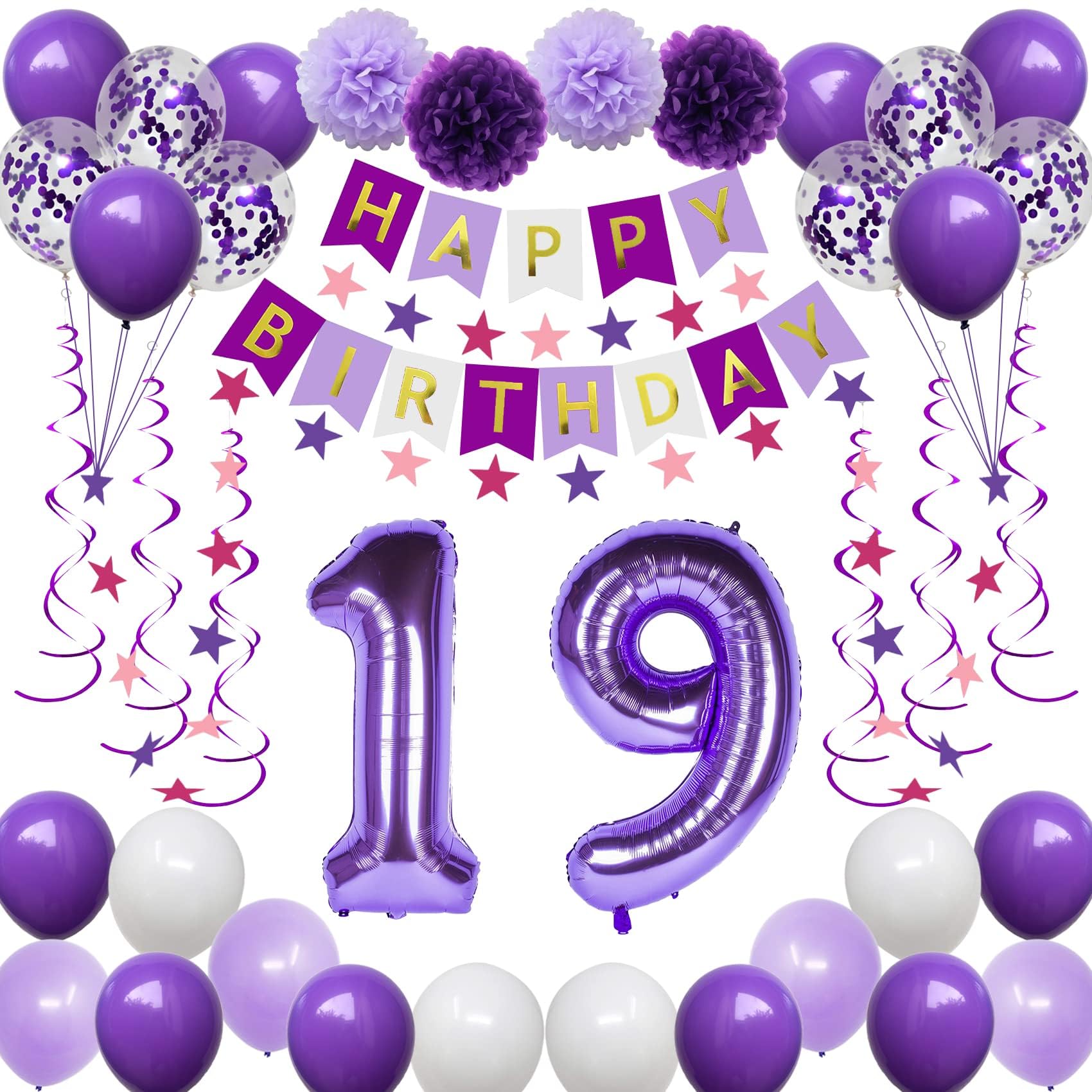 Naninuneno 19Th Birthday Decorations For Girls, Purple 19 Happy Birthday Balloons Supplies Including Purple Happy Birthday Banne