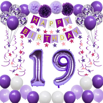 Naninuneno 19Th Birthday Decorations For Girls, Purple 19 Happy Birthday Balloons Supplies Including Purple Happy Birthday Banne