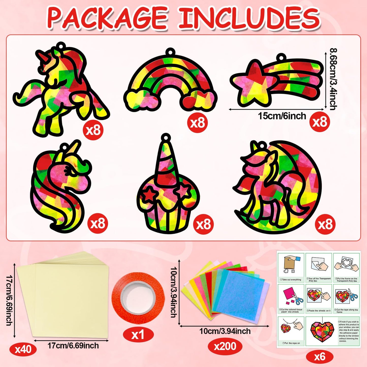 Qyeahkj 36 Set Unicorn Suncatchers Crafts for Kids DIY Unicorn Tissue Paper Crafts Window Stained Glass Effect Rainbow Hanging D