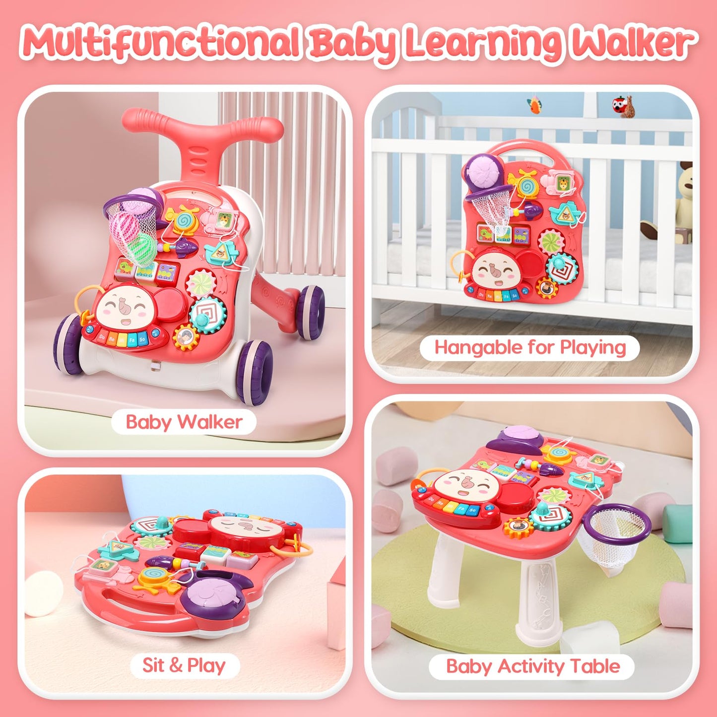 Cute Stone Baby Walker For Boys Girls, 2 In 1 Sit-To-Stand Learning Walker And Activity Center, Baby Walking Toy, Early Learning Push Toy Gift For Infant