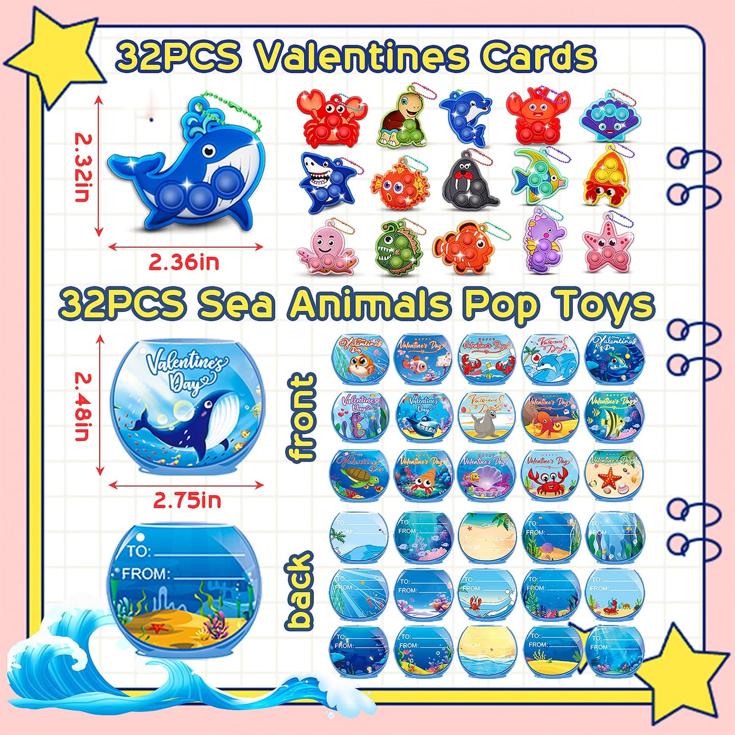 32 Pcs Valentines Day Gifts For Kids,Valentines Cards For Kids Classroom With Sea Animal Pop Fidget Toys,Valentines Exchange Gif