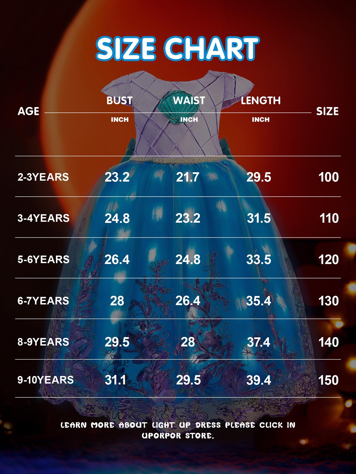 UPORPOR Light Up Dress Princess Costume Girls Halloween Outfit for Toddler Christmas Dress for Teens Kids Birthday Party Carniva