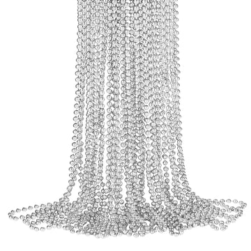 Saiaokj 16 Pcs Metallic Silver Round Bead Necklaces, 33 Inch 7 Mm Mardi Gras Party Stuff Bulk Costume Necklace For Mardi Gras, C