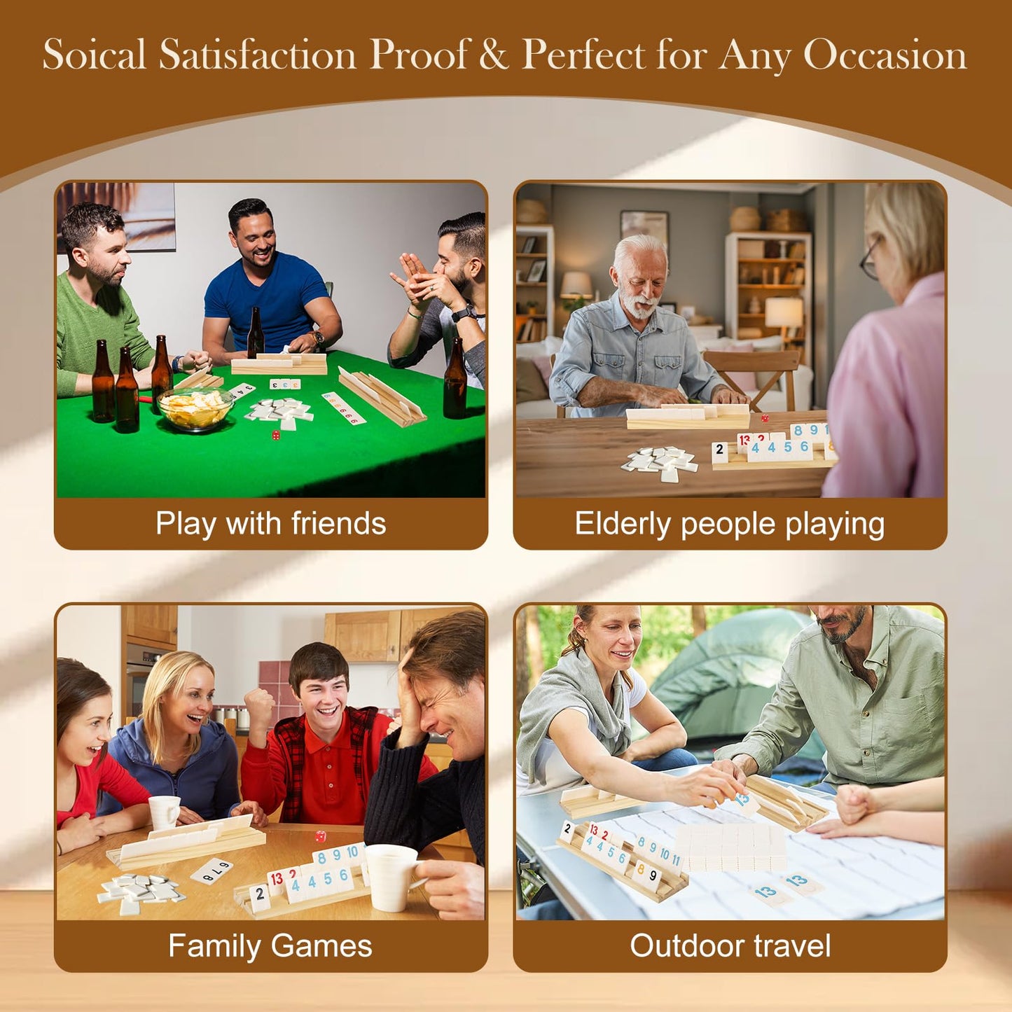 Soopotay Rummy Game for 2-4 Players, 106 Melamine Tiles, 4 Wooden Racks, Portable Case, 11.02" x 4.53"