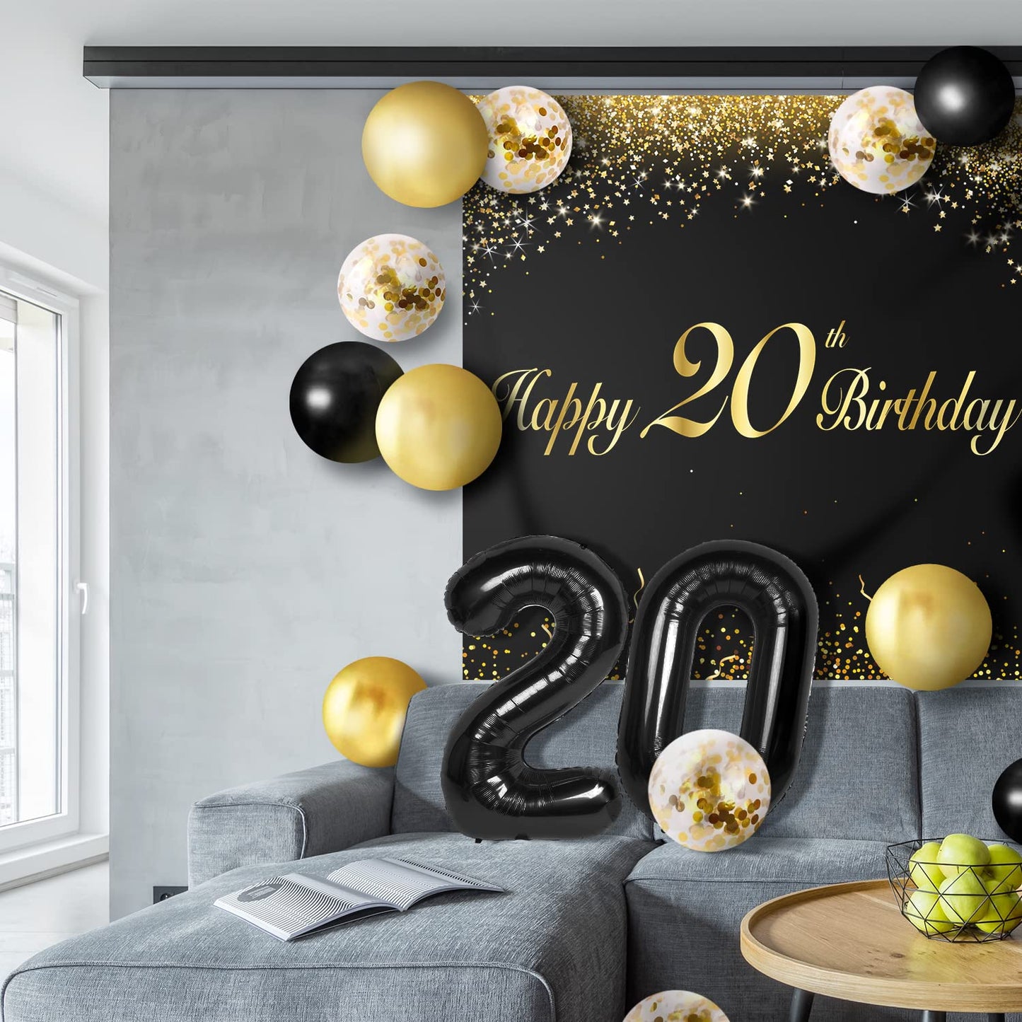 Happy 20Th Birthday Balloons Black Set Decor - Cheers To 20 Years Old Party Theme Garland Banner Backdrop Decorations For Women