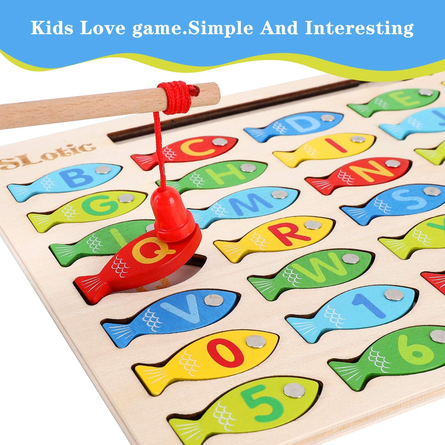 Slotic Magnetic Wooden Fishing Game Toy For Toddlers - Alphabet Abc Fish Catching Counting Learning Education Math Preschool Board Games Toys Gifts For 3 4 5 Years Old Girl Boy Kids
